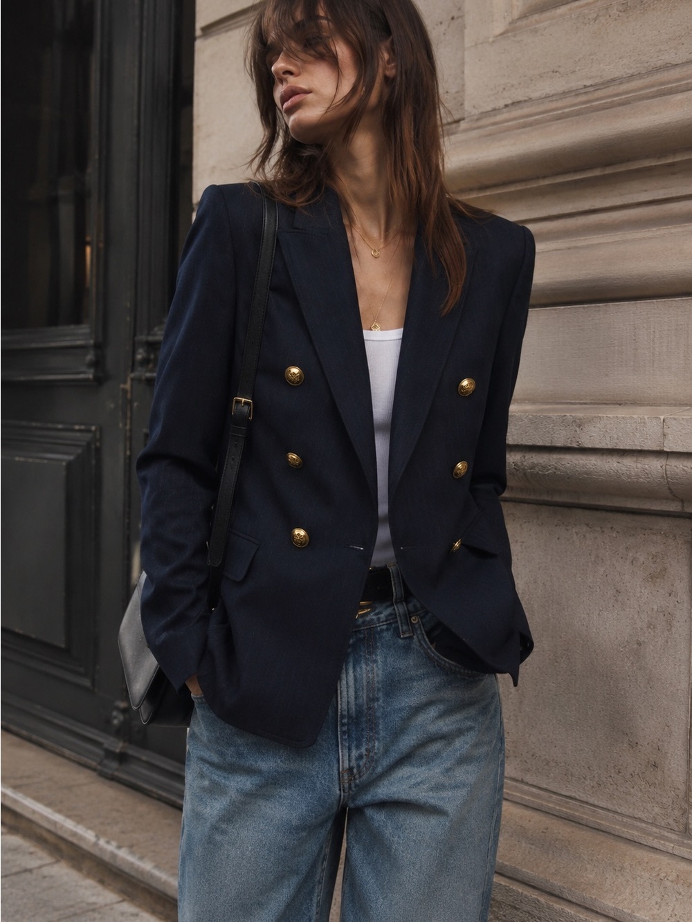 Zara Navy Pin Striped Women's Navy Double-Breasted Blazer Jacket- Large